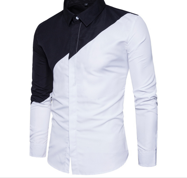 New Black White Patchwork Men's Long-sleeved Shirts
