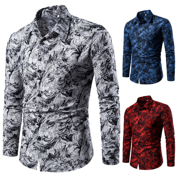 Autumn and Winter Men's Shirt Printed Casual Long Sleeved Shirt