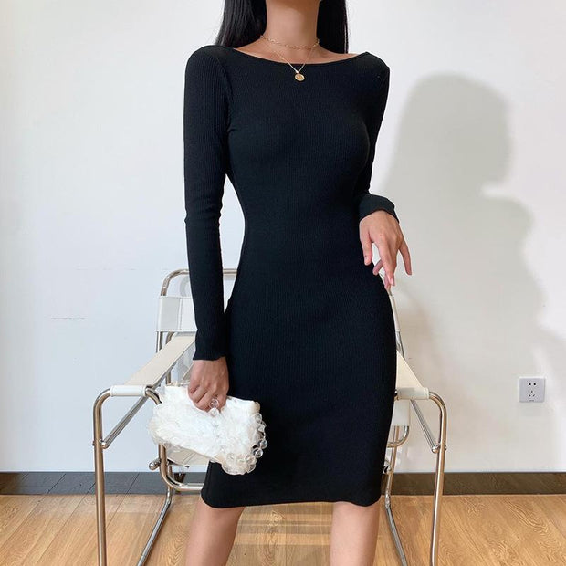 Women's Open Back Long Sleeve Bodycon Party Midi Dresses