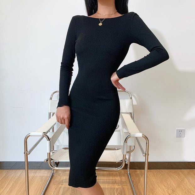 Women's Open Back Long Sleeve Bodycon Party Midi Dresses
