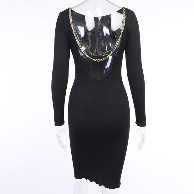 Women's Open Back Long Sleeve Bodycon Party Midi Dresses