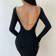 Women's Open Back Long Sleeve Bodycon Party Midi Dresses