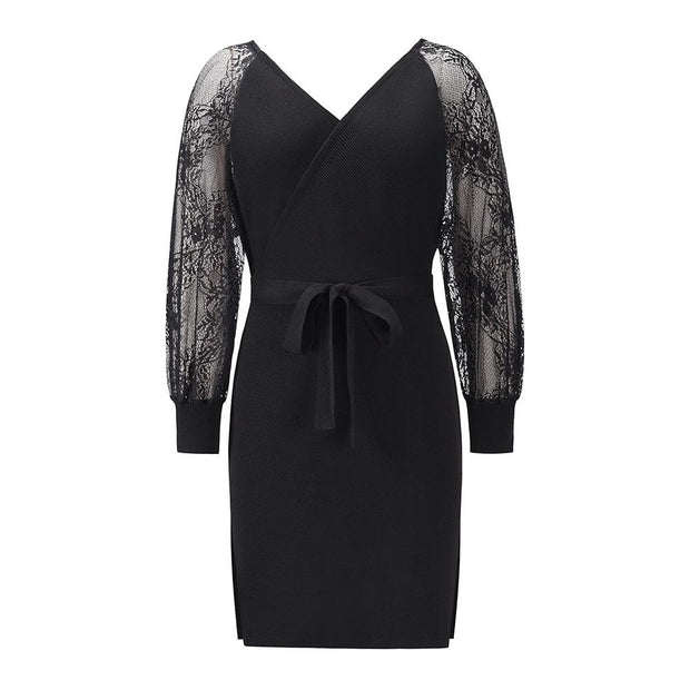 Women's Elegant V Neck Wrap Knit Dresses Batwing Sleeve Backless Slit