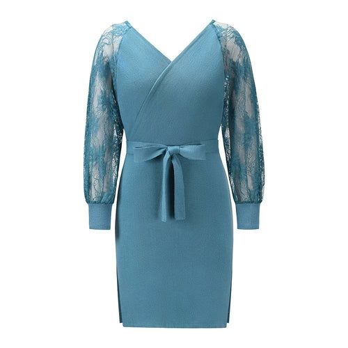 Women's Elegant V Neck Wrap Knit Dresses Batwing Sleeve Backless Slit