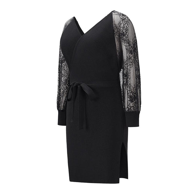 Women's Elegant V Neck Wrap Knit Dresses Batwing Sleeve Backless Slit