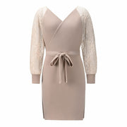 Women's Elegant V Neck Wrap Knit Dresses Batwing Sleeve Backless Slit