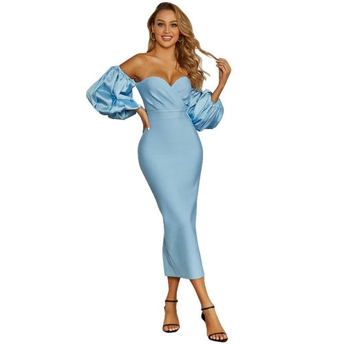 Women Puff The Shoulder Bodycon Knee Length Party Pencil Midi Dress