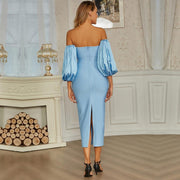 Women Puff The Shoulder Bodycon Knee Length Party Pencil Midi Dress