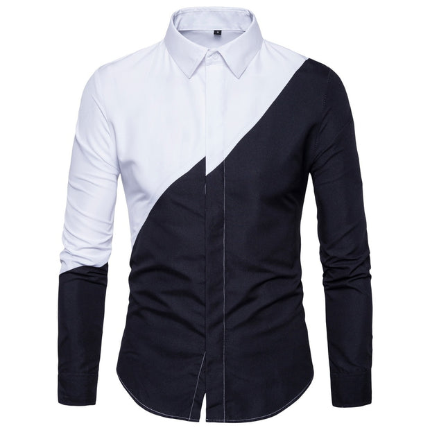 New Black White Patchwork Men's Long-sleeved Shirts