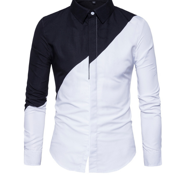 New Black White Patchwork Men's Long-sleeved Shirts