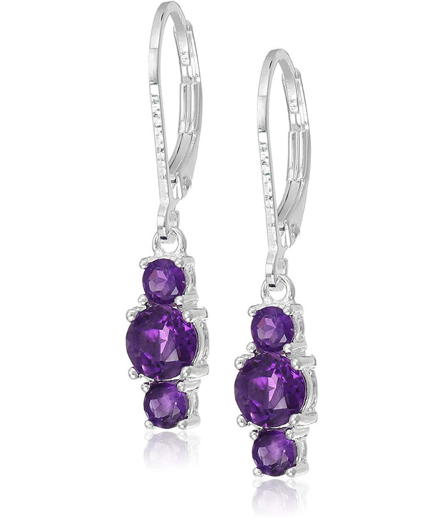 Three Stone Leverback Dangle With Austrian Crystals - Amethyst in 18K