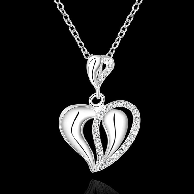 Double Heart Necklace in 18K White Gold Plated with Austrian Crystals