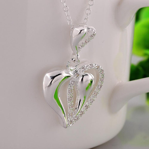 Double Heart Necklace in 18K White Gold Plated with Austrian Crystals