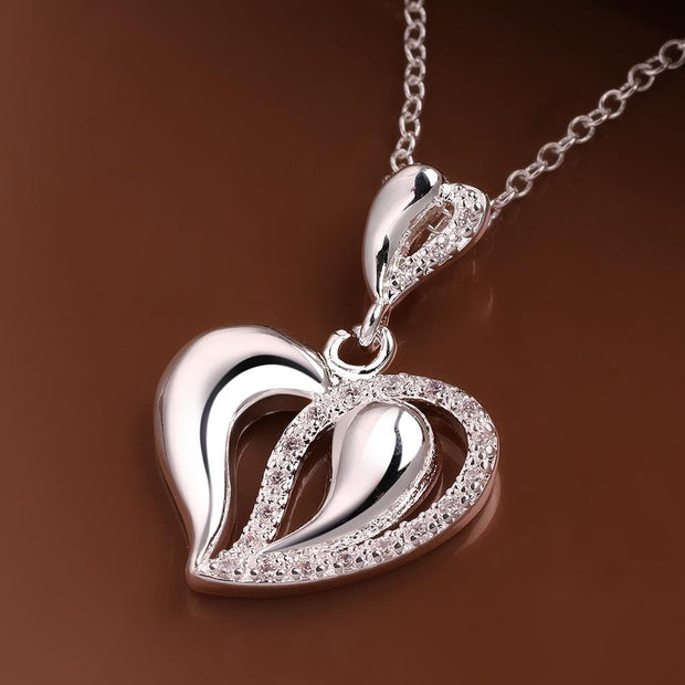 Double Heart Necklace in 18K White Gold Plated with Austrian Crystals