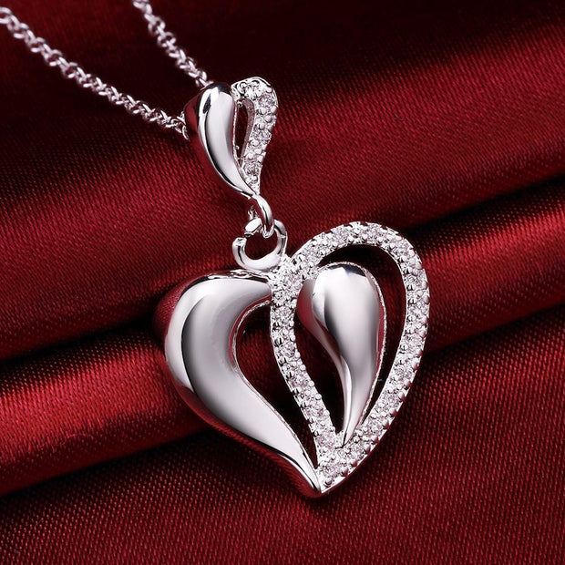 Double Heart Necklace in 18K White Gold Plated with Austrian Crystals