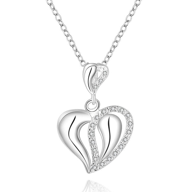 Double Heart Necklace in 18K White Gold Plated with Austrian Crystals