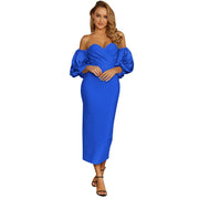 Women Puff The Shoulder Bodycon Knee Length Party Pencil Midi Dress
