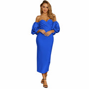 Women Puff The Shoulder Bodycon Knee Length Party Pencil Midi Dress