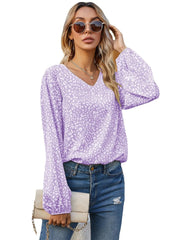 Women's Casual Print Tops Blouse V Neck Long Sleeve Shirt