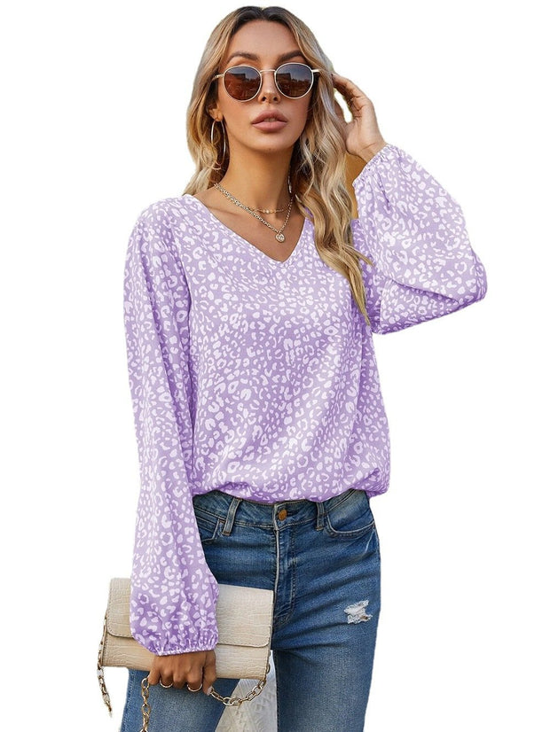 Women's Casual Print Tops Blouse V Neck Long Sleeve Shirt