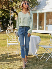 Women's Casual Print Tops Blouse V Neck Long Sleeve Shirt