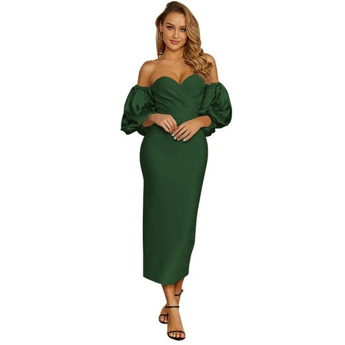 Women Puff The Shoulder Bodycon Knee Length Party Pencil Midi Dress
