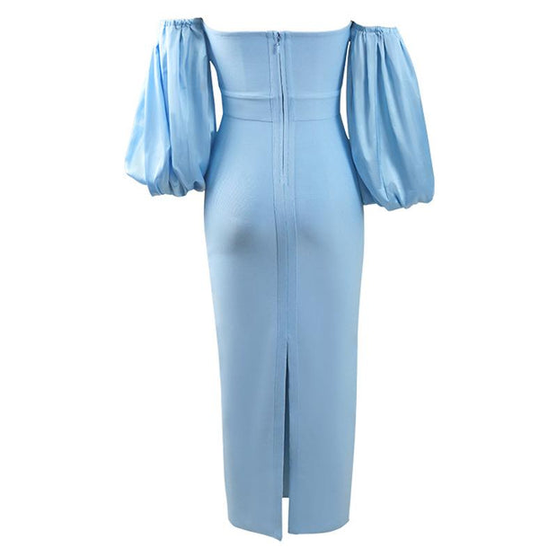 Women Puff The Shoulder Bodycon Knee Length Party Pencil Midi Dress