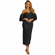 Women Puff The Shoulder Bodycon Knee Length Party Pencil Midi Dress