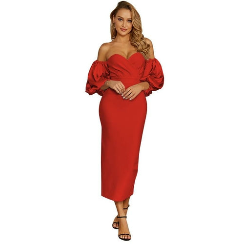 Women Puff The Shoulder Bodycon Knee Length Party Pencil Midi Dress
