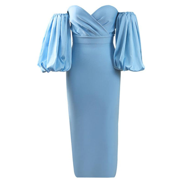 Women Puff The Shoulder Bodycon Knee Length Party Pencil Midi Dress