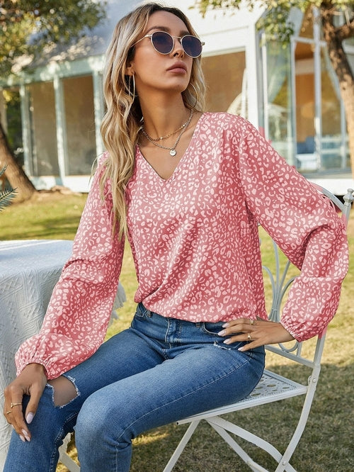 Women's Casual Print Tops Blouse V Neck Long Sleeve Shirt