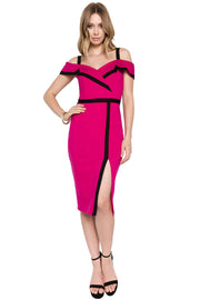 Cold shoulder color block dress with thigh high slit