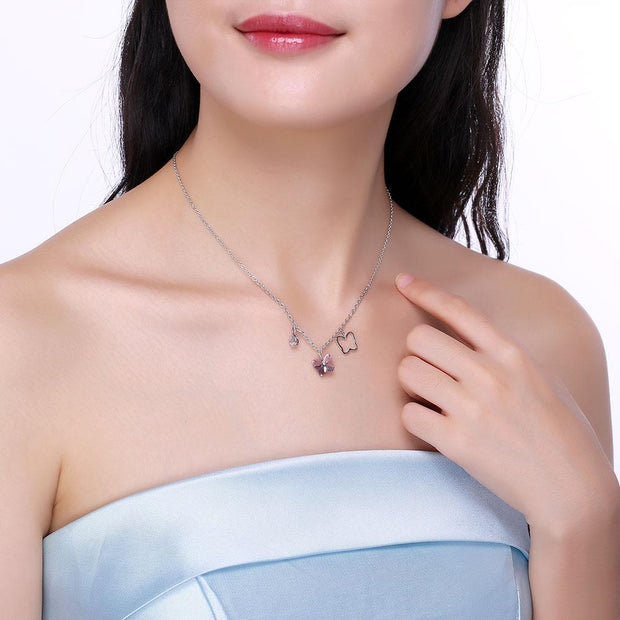 Butterfly Sterling Silver Necklace with  Crystals