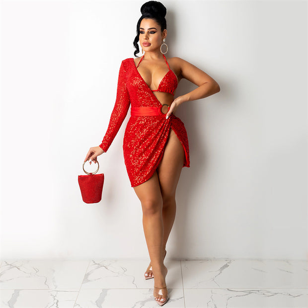 Adogirl Women Sexy Sequins Mini Club Party Dress