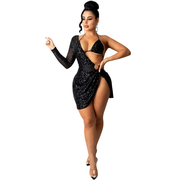 Adogirl Women Sexy Sequins Mini Club Party Dress