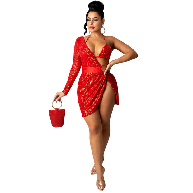 Adogirl Women Sexy Sequins Mini Club Party Dress