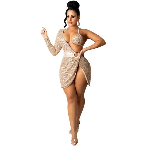 Adogirl Women Sexy Sequins Mini Club Party Dress